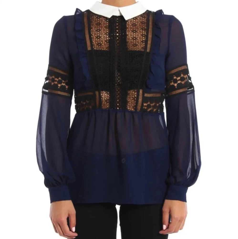 Self Portrait London Georgette And Guipure Lace Blouse Navy Size 4 - Picture 2 of 9